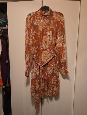 Bohemian Rust Floral Tie-Waist Long Sleeve Dress